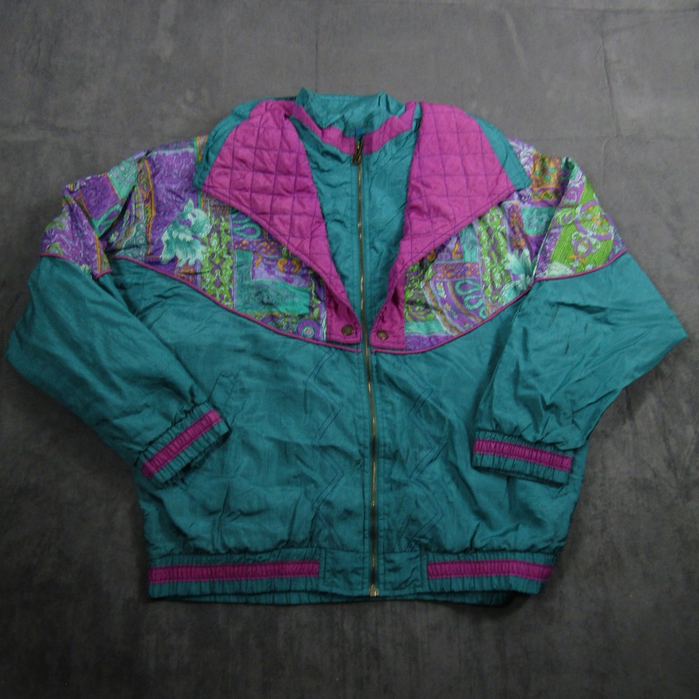 Lavon Windbreaker Jacket Womens XL Teal Purple Paisley Vintage 90s Full Zip